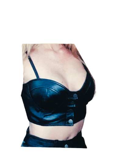 [Art#882] Cropped women's Strappy bustier top in wet look /Mesh Bra leather black